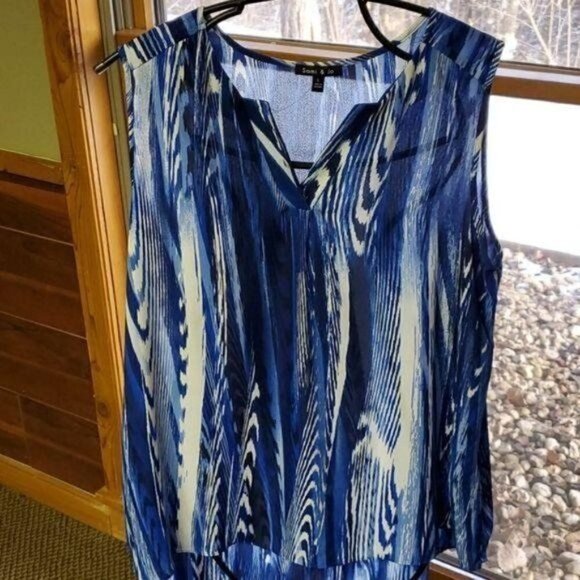 Sami & Jo V-neck Blue Design Sleeveless Sz. L Blouse Tunic - Picture 2 of 7